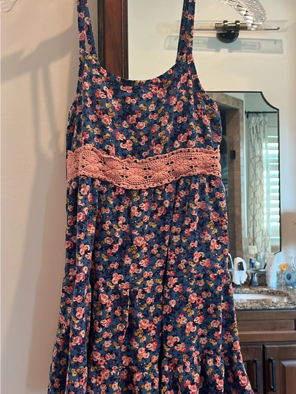 Beautees Navy Floral Dress with Pink Crochet Waist